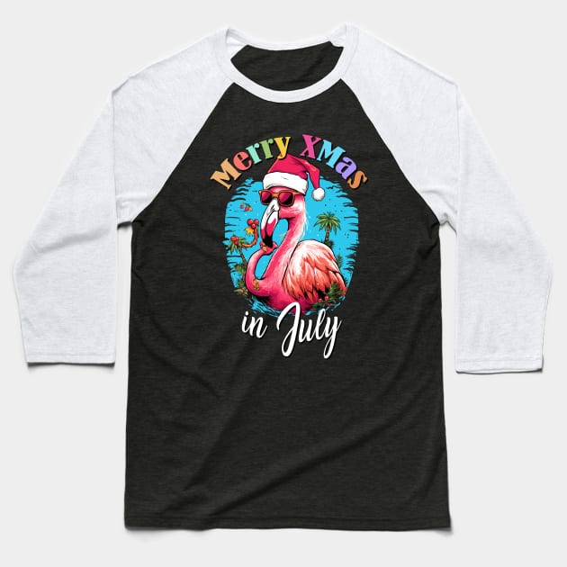 Flamingo's Festive Fun | 'Christmas in July' T-Shirt Baseball T-Shirt by Indigo Lake